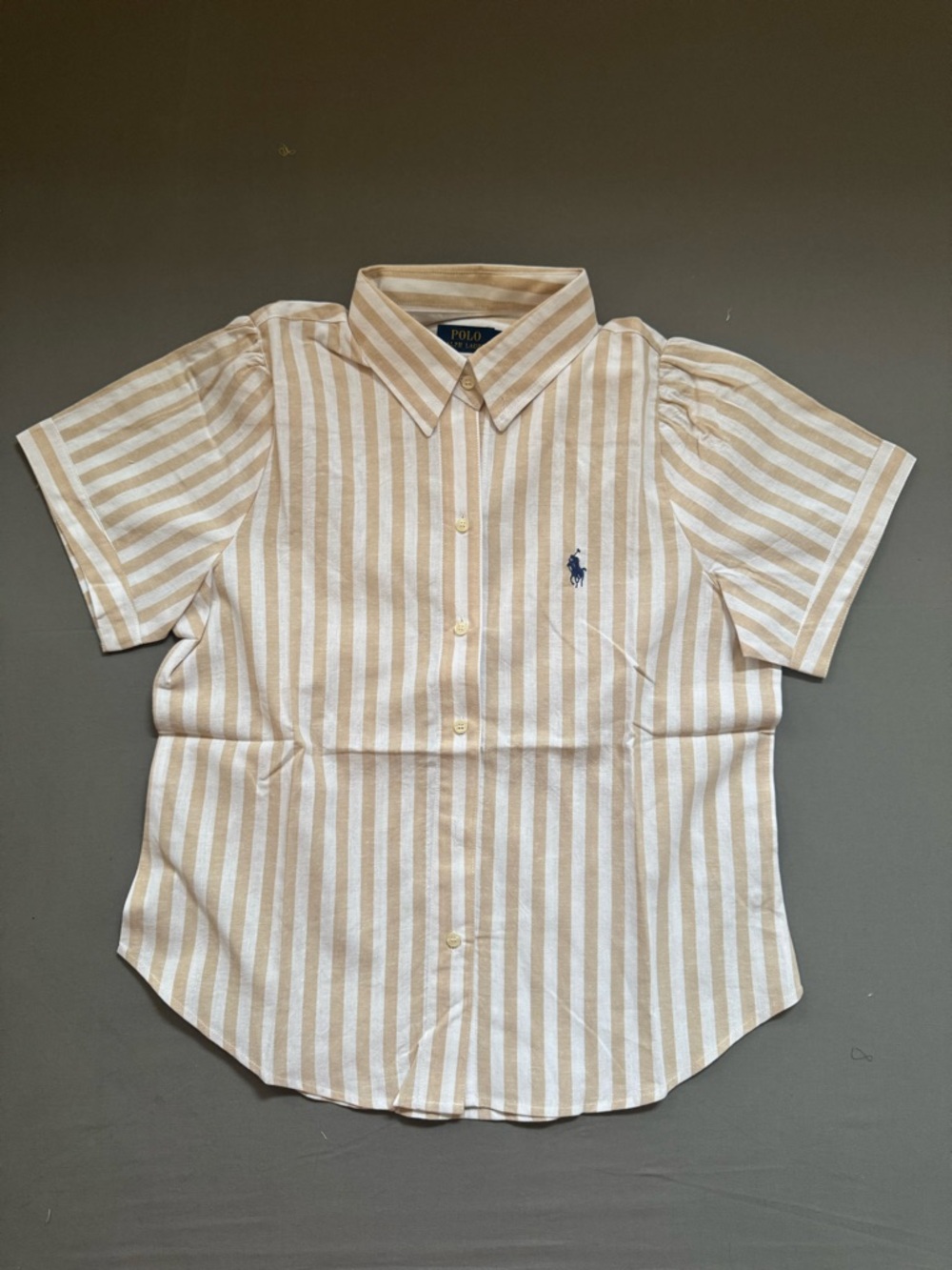 Ralph Lauren Beige and White Striped Short Sleeve Button-Up Shirt